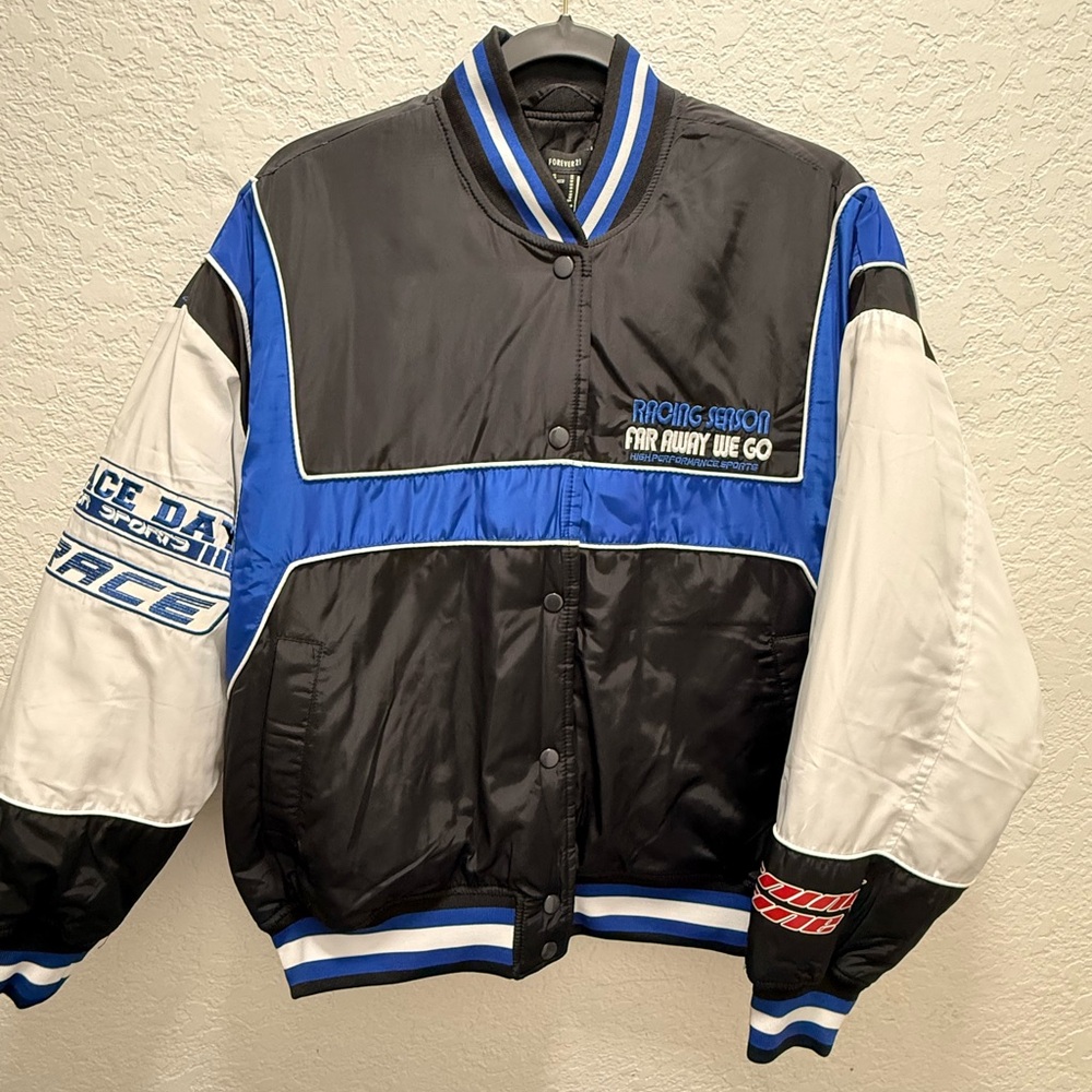 Forever 21 Men's Varsity Jacket - Black, Blue, White